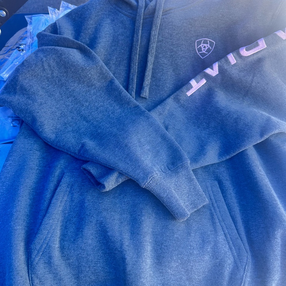 Ariat Men's Blue Hoodie with Pink Logo